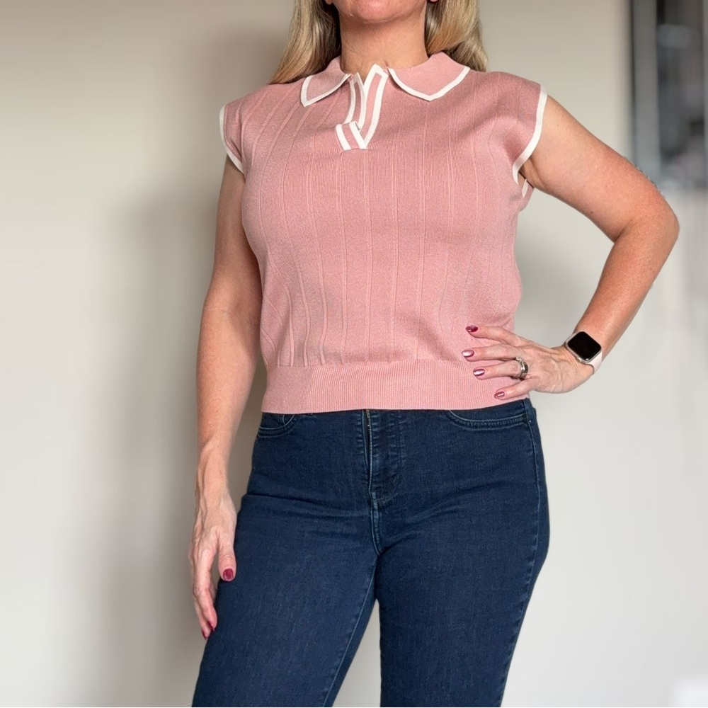 Pink Sleeveless Collared Sweater